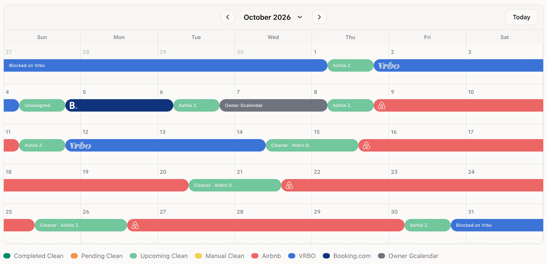 GleamSync owner calendar view showing bookings and clean windows