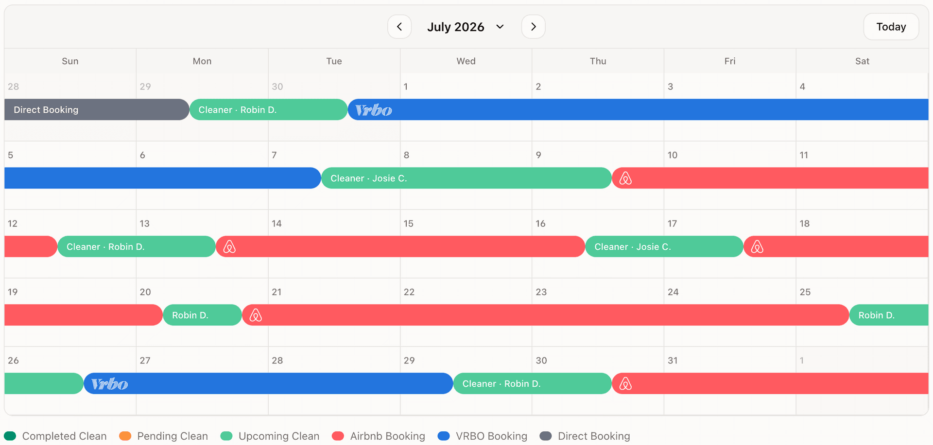 GleamSync owner calendar view showing bookings and clean windows