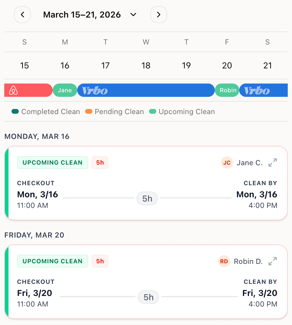 GleamSync mobile calendar view showing upcoming cleans